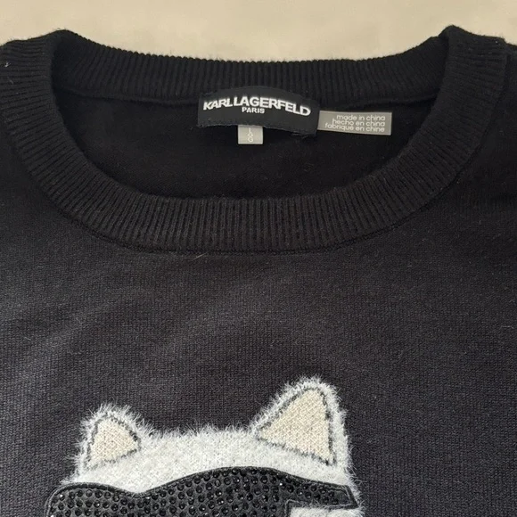 Karl Lagerfeld Black Sweater with White Kitty Sunglasses Patch - Picture 2 of 4